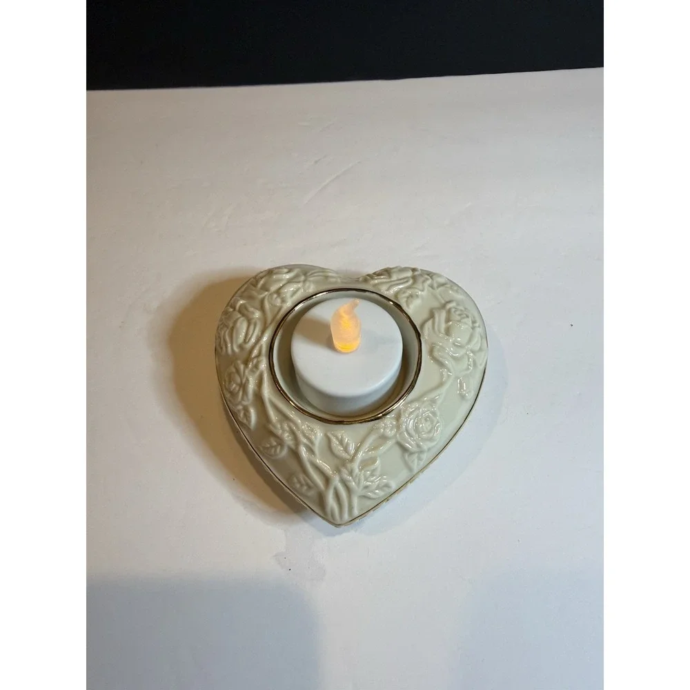 Lenox Heart Votive Tea Light Candle Holder Ivory Gold Trim Roses Floral 4
